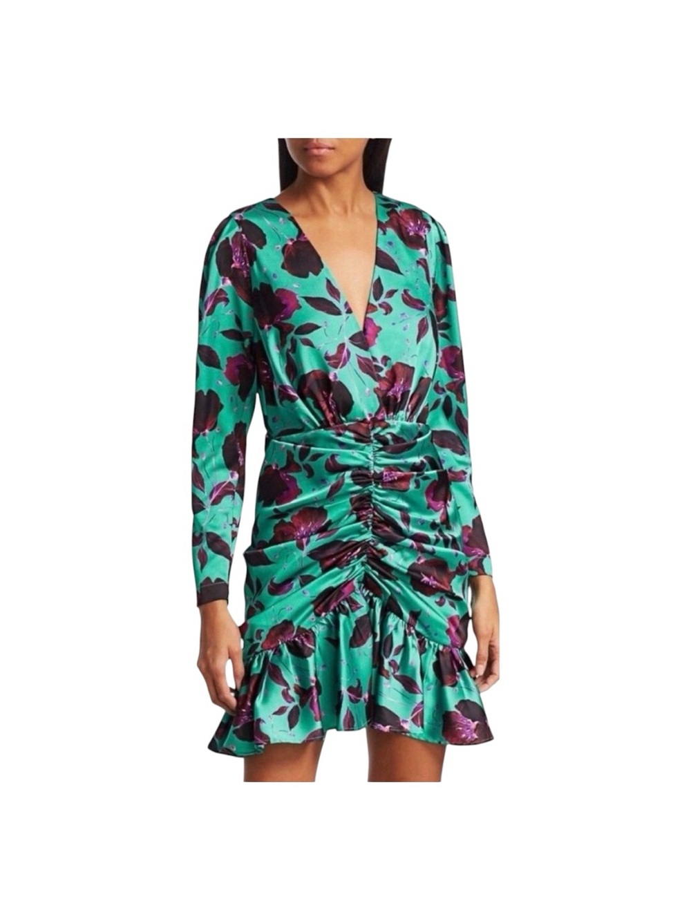 Delfi Collective Green Purple Long Sleeves V-Neck Ruched Ruffled Mini Dress M